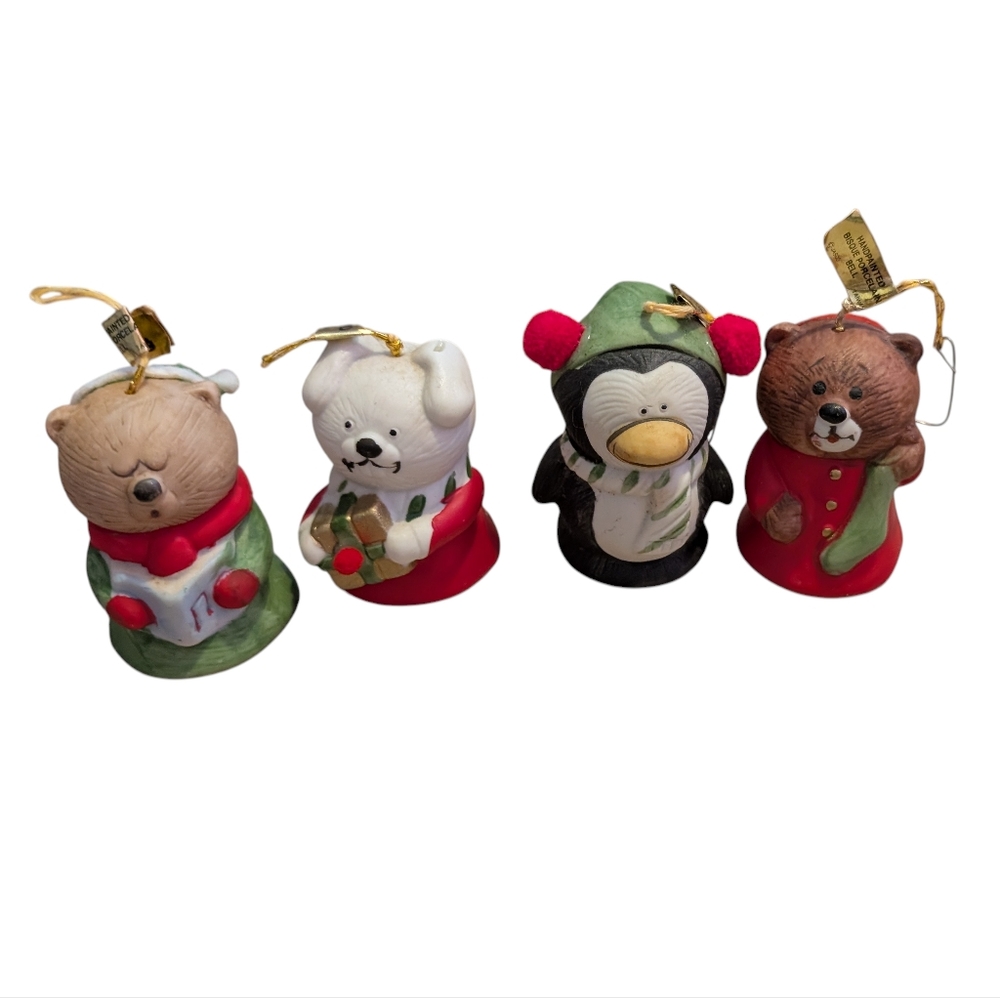 Vintage Lil Chimer Hanging Ornament Jasco Penguin Bear Bell Bisque Porcelain NIP